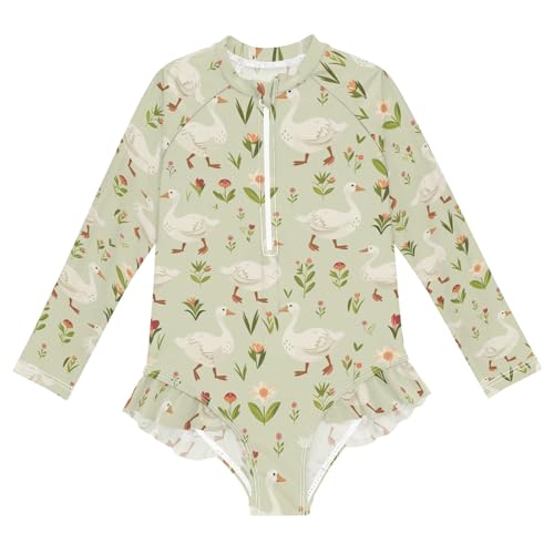 Goose Flower Leaf Girls Long Sleeve Swimsuit Rash Guard One Piece Bathing Suits Zipper 3-12T