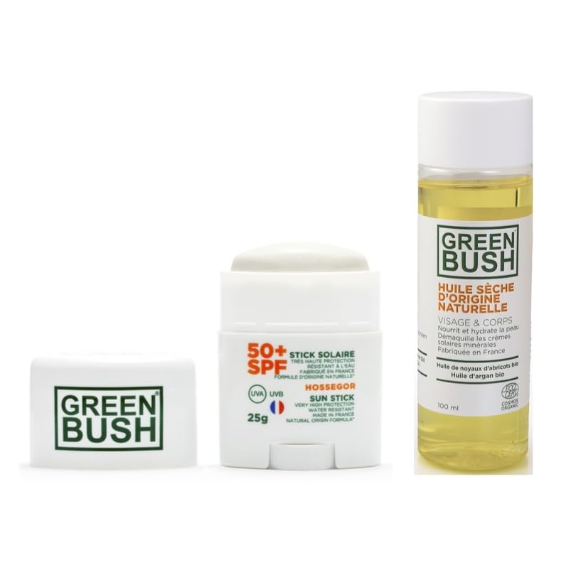 Greenbush Stick Solaire Très Haute Protection SPF 50 + Huile Sèche Bio (Stick beige)