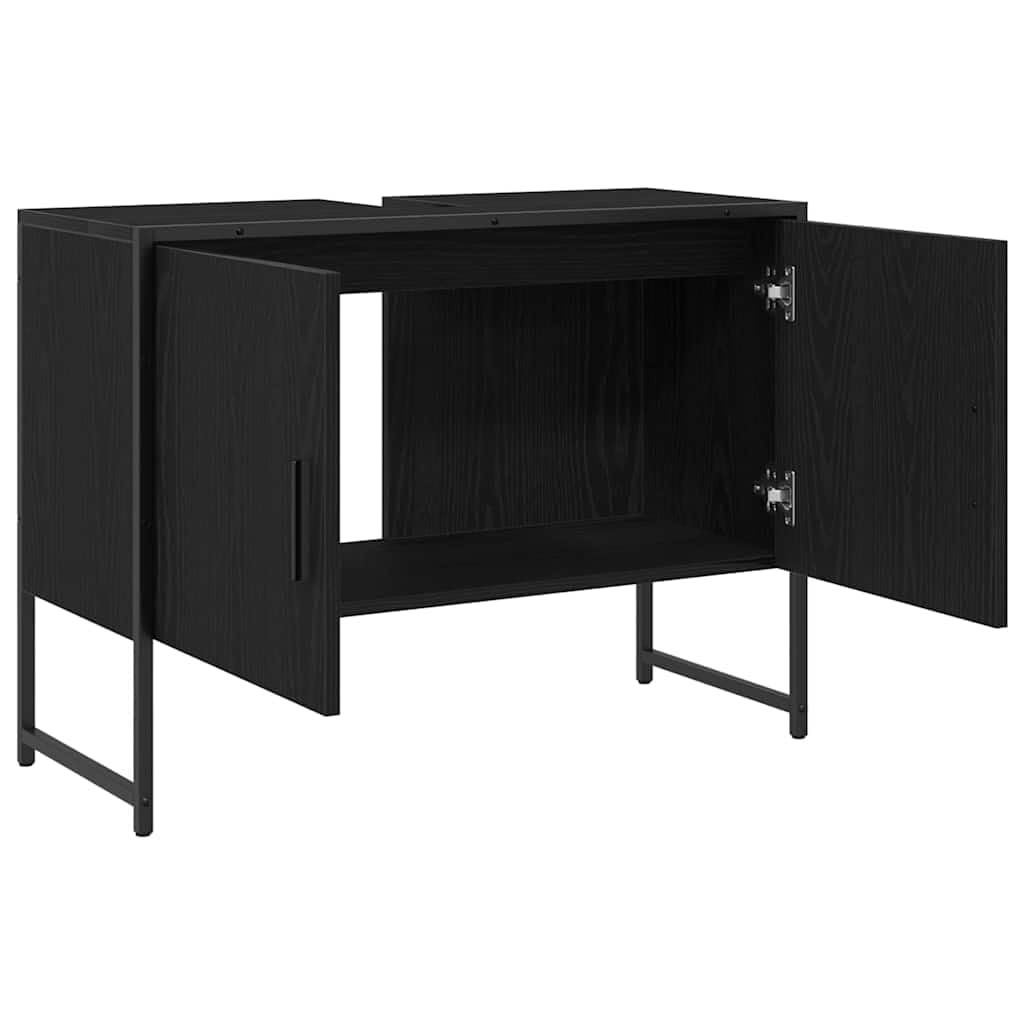 Szafka pod umywalkę z drzwiami, czarna, imitacja dębu, 80 x 30 x 60 cm, materiał drewnopochodny i stal, montowana na ścianie i stojąca, szafka łazienkowa z miejscem do przechowywania do