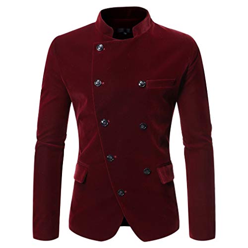 Men's Casual Blazer Jacket Slim Fit Lightweight Double-Breasted Mandarin Collar Flap Pocket Lapel Suit Jacket Coat Wine