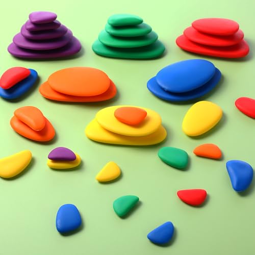 Image of Simgoing 144 Pcs Rainbow Stacking Stones Colorful Pebbles for Sorting and Stacking, 6 Colors(Bright)