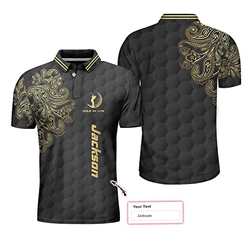 Golden Hole In One Black Golf Texture Custom Polo Shirt Personalized Golden Floral Paisley Golf Shirt For Men, Mens Polo Shirts For Gifts, Short Sleeve Men's Shirt #TOP2