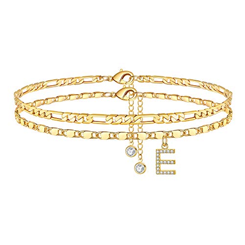 Image of Ursteel Ankle Bracelets for Women, 14K-Gold-Plated Dainty Layered Chain CZ Initial Anklets Set Summer Jewelry Gifts for Women