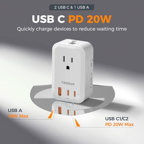 Image of TESSAN Universal Travel Adapter PD 20W, International Power Adapter with 2 USB C 1 USB A Charging Ports, Worldwide Power Outlet Travel Essentials for US to EU UK AUS Scotland (Type C G A I), White