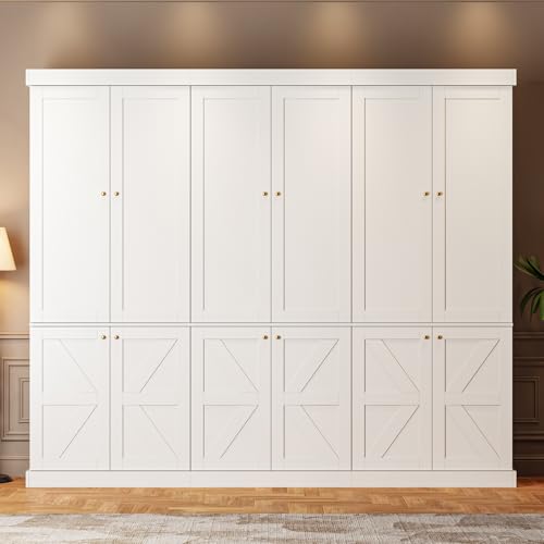 Image of ivaniti 70.8 inch Tall Farmhouse Bookshelf with Doors, Modular Wooden Storage Hutch with 4-Tier Adjustable Shelves, White Buffet Cabinet for Study or Home Office, Set of 3