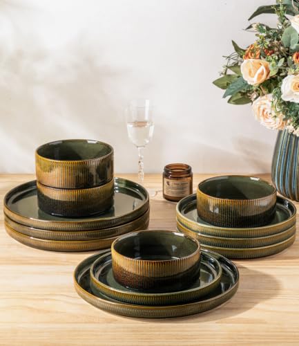 Image of Ceramic Dinnerware Set for 6, 18-Piece Plates and Bowls Set | Lightweight Porcelain Dish Set, Scratch Resistant, Oven & Microwave & Dishwasher Safe, Olive Green