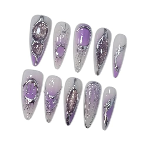 Lavender Ombre Metallic Hand-Painted Cat Eye Press on Nails, Long...