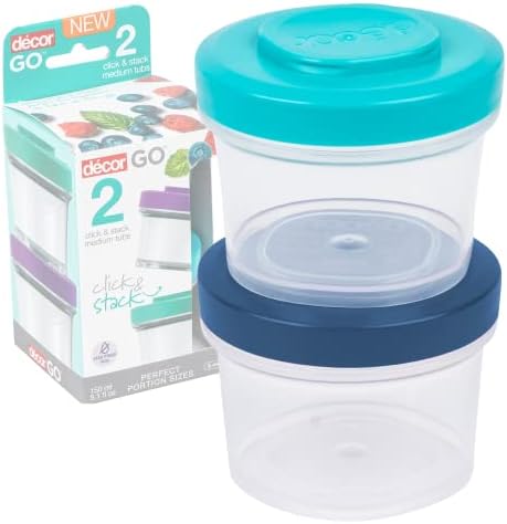 Décor Go Click & Snack Tub Medium 150ml 2 Pack Leak-Proof Food Storage Container BPA Free Dishwasher, Freezer & Microwave Safe, Assorted, 150ml x 2