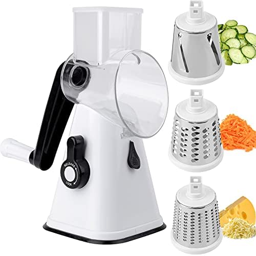 Dicunoy Cheese Grater, Rotary Vegetable Slicer Cutter Shredder, Manual Round Mandoline Slicer Grinder with 3 Interchangeable Blades for Veggie, Walnuts, Fruit