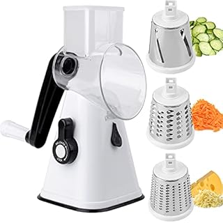 Dicunoy Cheese Grater, Rotary Vegetable Slicer Cutter Shredder, Manual Round Mandoline Slicer Grinder with 3 Interchangeable Blades for Veggie, Walnuts, Fruit