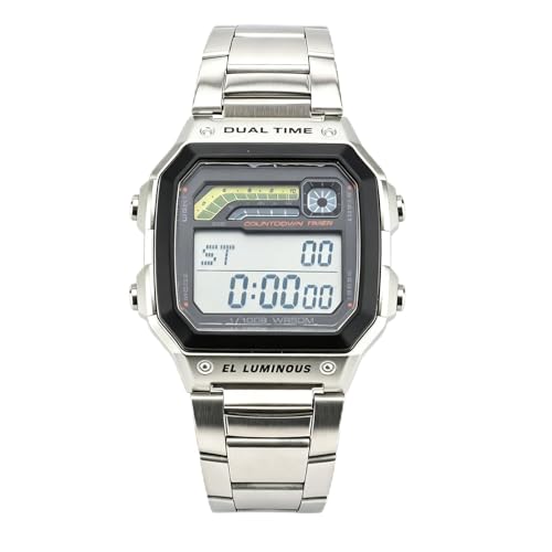 Sports digital Sports Strap de acero inoxidable al aire libre Pantalla de retroceso LED Digital Watch Electronic Men Luminous Outdoor Sports Watch for Women Men Black Steel Strap (Silver Steel Strap)