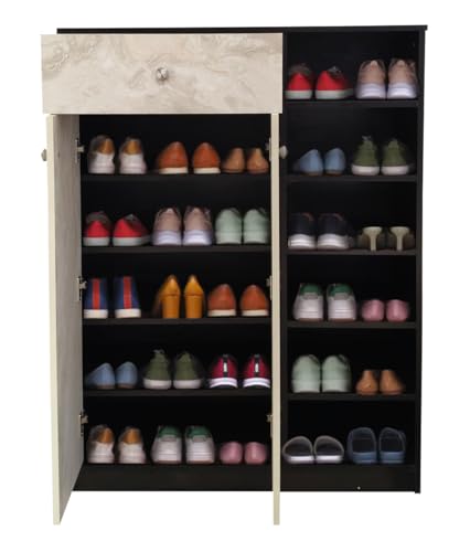 Image of KIK Liberty Engineered Wood 2 Doors Shoe Rack Cabinet Slipper Footwear Stand Organizer with Drawer can Store Up to 24 Pairs for Home (Wenge & Marble Finish)