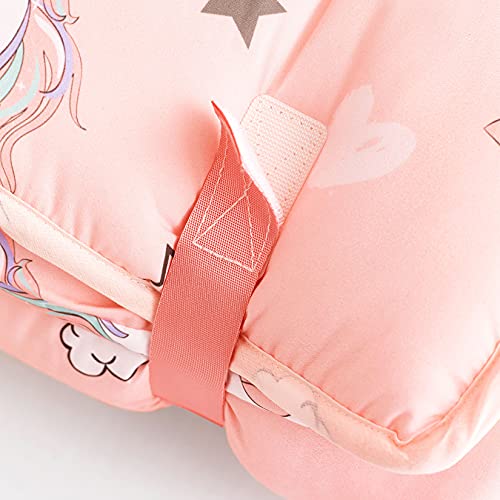 Wake In Cloud - Unicorn Nap Mat, With Removable Pillow For Kids Toddler Boys Girls Daycare Preschool Kindergarten Sleeping Bag, White Unicorns Printed On Pink, 100% Microfiber #TOP4