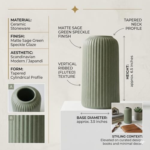Image of KREATIVE ART'S Modern Ribbed Design Ceramic Flower Vase for Living Room, Flower Pots for Artificial Flower, Home Decoration Item, Home Decor, Vases for Living Room (SAGE Green, Small)