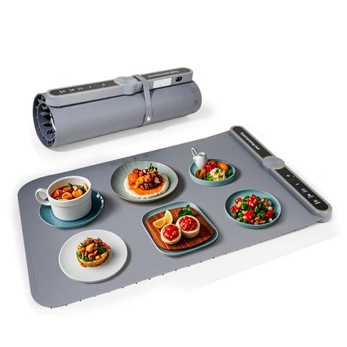 NYEONHRT Warming Mat for Food Extra Large, Portable Roll Up Silicone Food Warmer, 6-Temp Adjustable Electric Food Warming Tray with Auto Shut-Off & Child Lock, for Buffet Party Baby Bottles (Gray XL)