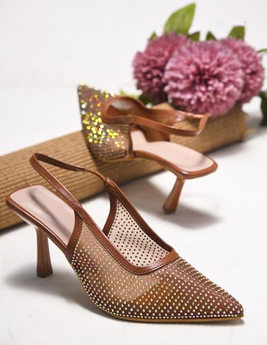 Image of TRYME Women Pointed Toe Stone Embellishment Slingback Heel pencil Sandals
