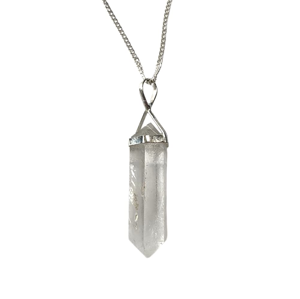 VIE Double Point Pencil Pendant, Silver Chain, Clear Quartz