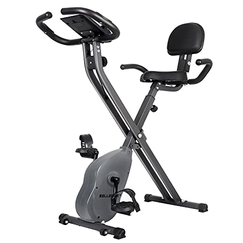 SELLERWE Folding Exercise Bike, Magnetic Stationary Bike Indoor Upright Fitness Cycle with Armrest, LCD Monitor, Large Comfortable Seat, and 300 lb Weight Capacity