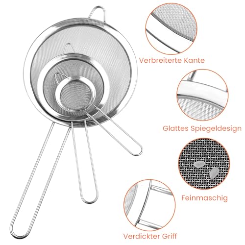 Avesteir 3 Stück Sieb Set 19/25/37 cm, Küchensieb Edelstahl, Poliert Metall Feinmaschiges Seiher mit Verstärktem Griff Perfekt zum… – Ansicht 6