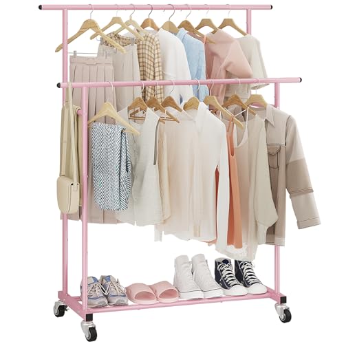Image of Calmootey Double Rod Clothing Garment Rack,Rolling Hanging Clothes Rack,Portable Clothes Organizer for Bedroom,Living Room,Clothing Store,Pink