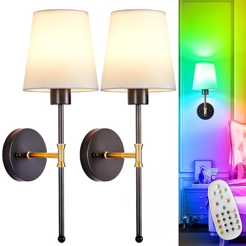 Image of Depuley Battery Operated Wall Sconce: Set of 2 19.99 inch Wireless Wall Lights with Remote for Bedroom - Rechargeable 15 Colors Black and Gold Wall Lamp for Living Room Hallway Decor