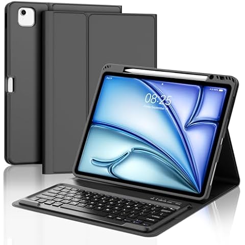 BORIYUAN iPad Air 13 inch Case Keyboard (M2, 2024), Detachable Bluetooth Keyboard, Auto Sleep/Wake, Long Battery Life, Slim Cover with Pencil Holder for iPad 12.9” 6th/5th/4th/3rd (2022-2018) Black Cover