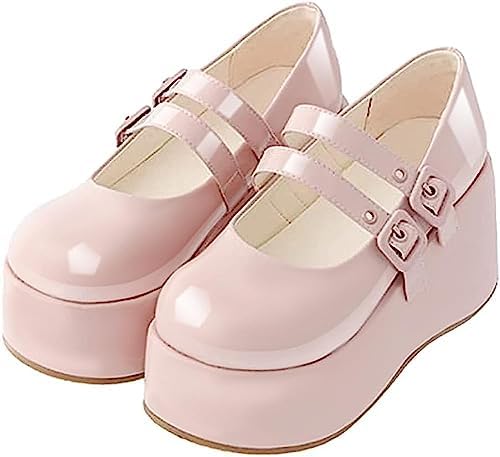 Accloris Platform Mary Jane Shoes Women Girls,Ankle Strap Round Toe Goth Chunky Uniform Dress Pumps Shoes Oxfords Pink