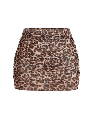 Floerns Mini saia feminina plus size Y2k com estampa de leopardo cintura alta franzido colado ao cor