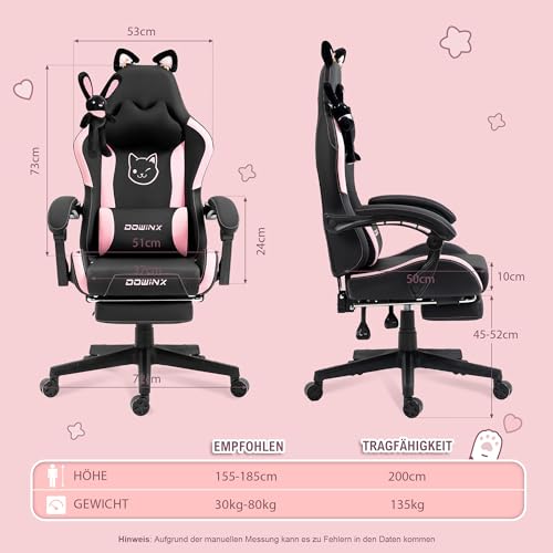Dowinx Gaming Stuhl - Süße Katze Edition - Ergonomischer Computerstuhl mit Hoher Rückenlehne und Lendenwirbelstütze, PU-Leder, Fußstütze, Schwarz – Bild 4