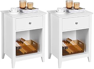Yaheetech Bedside Table Set of 2, White Side Table with Drawer Wooden Bedside Cabinet Storage Unit for Bedroom Living Room, 45x35x61cm