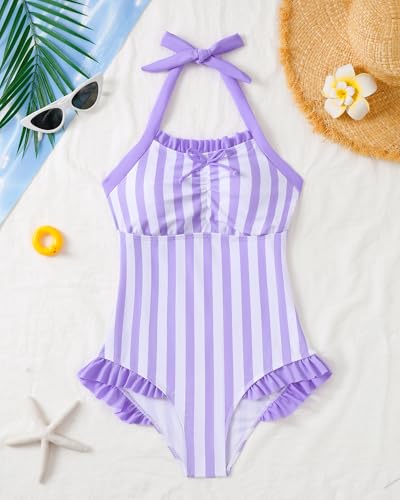 Image of Mioglrie Kids Girls Swimsuit One Piece Bathing Suits Girls' Swimwear 7-14Y | Halter Neck Swimsuits,Striped Design,Ruffle Design,Built‑in Chest Pads,1 Piece Swimwear for Beach,Summer Party