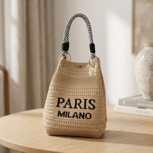 Image of Knitted Bucket Bag for Women, Large Capacity Shoulder Handbag with Magnetic Closure, Woven Tote Purse for Shopping, Travel, Office & Daily Use- Khaki, Pack of 1