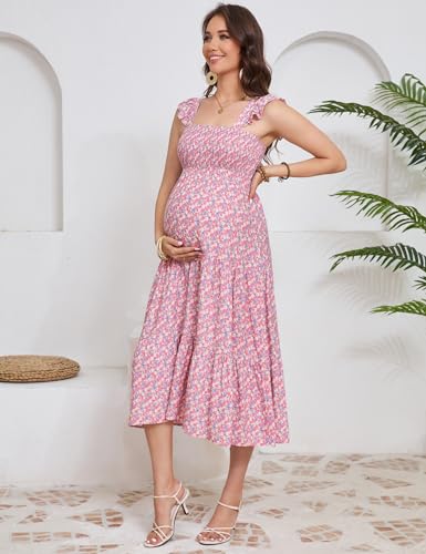 Image of KOJOOIN Womens Maternity Dress Summer Sleeveless Smocked Square Neck Ruffle Casual Boho Midi Dress Baby Shower Photoshoot