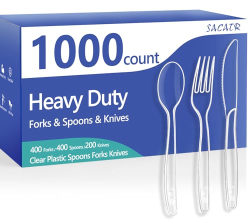 Image of SACATR 1000 Count Plastic Silverware Heavy Duty - 400 Forks, 400 Spoons, 200 Disposable Knives, BPA-Free, Disposable Plastic Cutlery Set, Plasticware Suitable for Party Everyday Use 