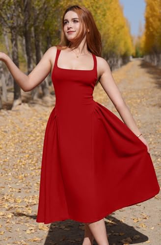 Memoriesea Women\'s Elegant Square Neck Swing A Line Wedding Evening Party Midi Dress Red