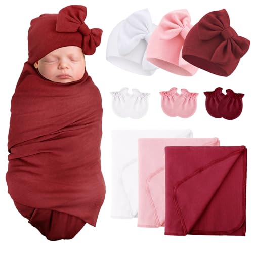 Image of AQOKKA Baby Swaddle Blankets with Bow Hat Mittens Set Infant Receiving Blankets Swaddles for Newborns Unisex Toddler Swaddle Wrap Sets for Baby Girls Boys Nursery Warm Shower Gift