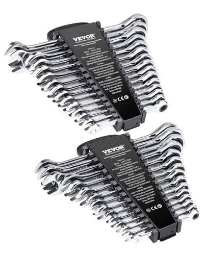 VEVOR Combination Wrench Set, 30-Piece Ratcheting Wrench Set with Organizer Rack, Cr-V Steel Wrench Set SAE 1/4 to 1, Metric 8 mm to 24 mm, Ideal for General Household, Garage, Workshop, Emergency