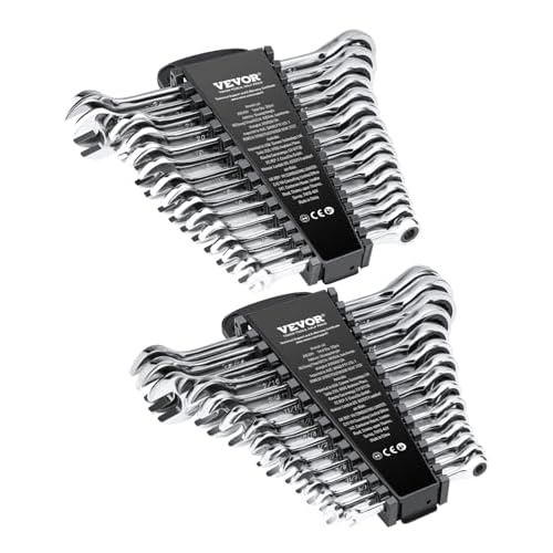 VEVOR Combination Wrench Set, 30-Piece Ratcheting Wrench Set with Organizer Rack, Cr-V Steel Wrench Set SAE 1/4″ to 1″, Metric 8 mm to 24 mm, Ideal for General Household, Garage, Workshop, Emergency