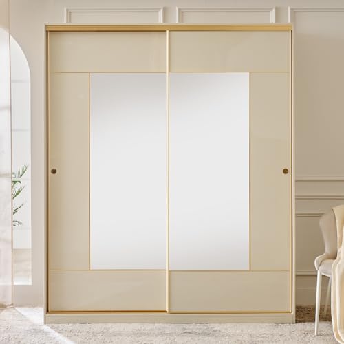Image of Home Centre | Modern | Engineered Wood | 2 Door Sliding Wardrobes | with Mirror | Cream | 1 Year Warranty