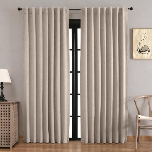 THAIGEE Faux Linen Blackout Curtains for Bedroom 84 Inches Long, Thermal Insulated Light Blocking Window Drapes, Back Tab and Rod Pocket 52" W x 84" L (2 Panels Set), Linen