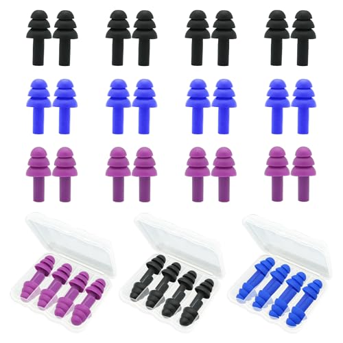 Bouchons d'oreilles pour dormir, 12 paires, silicone doux réutilisables, noir bleu mauve