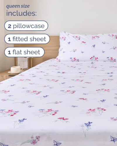 Image of Queen 4 Piece Boho Botanical Floral Sheet Set - Breathable & Cooling - Posy