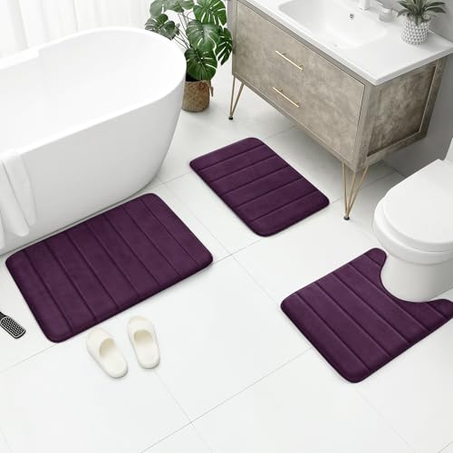 BYSURE Purple Memory Foam Bathroom Rug Set 3 Piece, Non Slip Extra Soft Absorbent Machine Washable Toilet Bath Toilet Mat (17"x24"+20"x32"+U Shape 20"x24") by BYSURE - Image 5