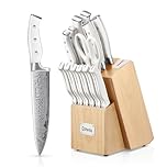 D.Perlla Knife Set, 14 Pieces Kitchen Knife Set with Self Sharpening Wooden Block, German Stainless Steel Knife Block Set with Steak Knives, White