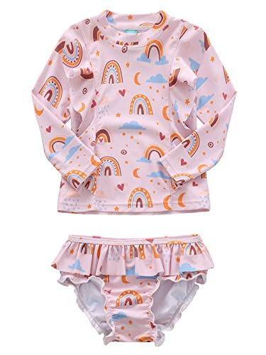 Baby Girls Two Piece Rash Guard Swimsuits Set Long Sleeve Hawaiian Bathing Suits with UPF 50+ Sun Protection