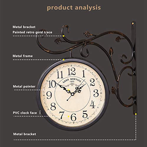 Horloge murale double face rétro en fer forgé avec support métal doré - 8