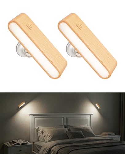 Image of Wood Battery Operated Wall Sconces Set of Two, Magnetic Mini Wall Lights with 360 Rotation and Adjustable Brightness, Stick-On Mount for Bedside, Hallway, Living Room (2Pack Beech Wood)