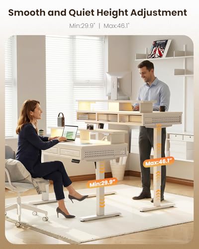 Image of OffiGo Electric Standing Desk with 3 Wooden Drawers, 48 Inch Height Adjustable Desk with Power Outlets & LED Lights, White Sit Stand Table with Monitor Stand for Home, Office, Workstation