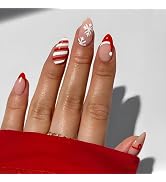 Christmas Press on Nails Short Almond Fake Nails Xmas Red and White Stripes False Nails with Snow...