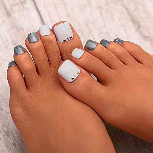 Campsis 24PCS Glossy Fake Toenails Grey Sparkly Short Full Cover Fake Nail Acrylic Fashion Simple Fake Toe Nails Art Tips for Women and Girls
